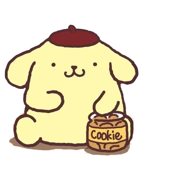 A cute Pompompurin trying to eat a cookie.